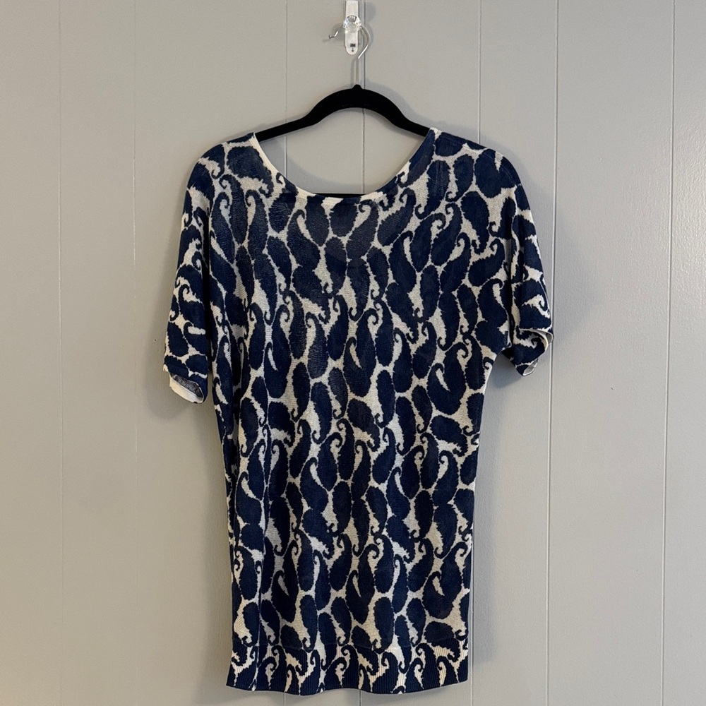 Women’s Petite Talbots Blue “Whale” Linen Sweater V Back Tunic Top small